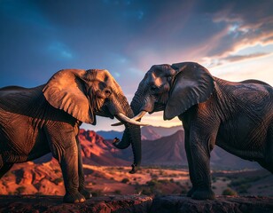 Two elephants face each other at sunset, tusks touching, against a mountainous backdrop