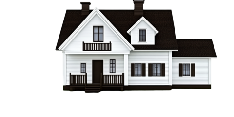 White house with dark brown roof and shutters on green grass PNG