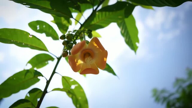 A beautiful cluster of pale yellow plumeria flowers blooming against a backdrop of lush green leaves.