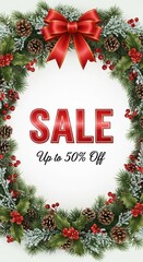 Festive christmas sale wreath with pine cones and red bow celebration