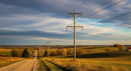 Scenic countryside road leading towards the horizon with power lines above