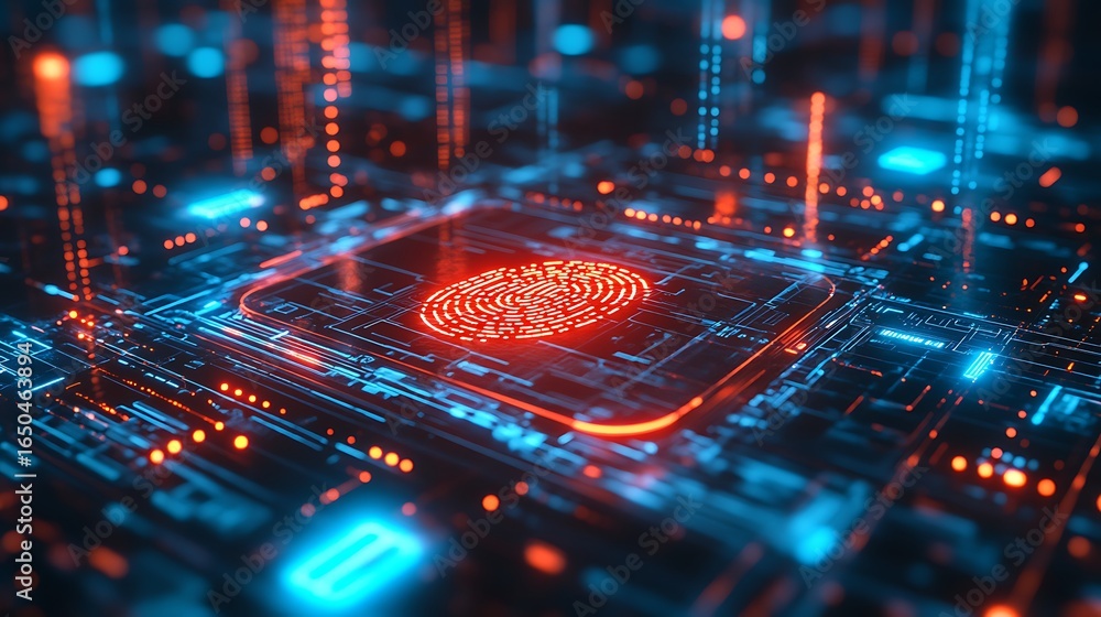 Poster closeup of a digital fingerprint on a computer chip, representing biometric security and futuristic 