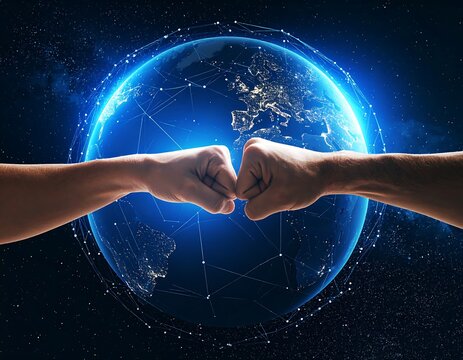 Two fists bump before a glowing earth