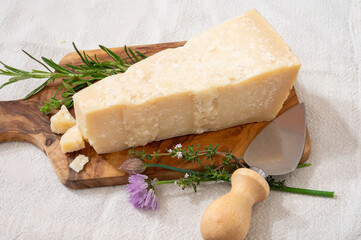Traditional italian food, 36 months aged in caves Italian parmesan hard cheese from Parmigiano-Reggiano, Italy