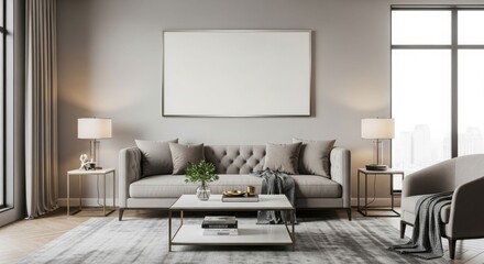 Modern living room interior design, featuring a large blank canvas, a comfortable sofa, and stylish decor.