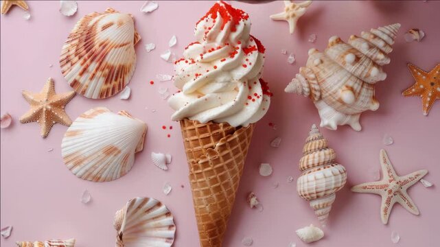 Creative dessert presentation with shells and sprinkles on pink background.