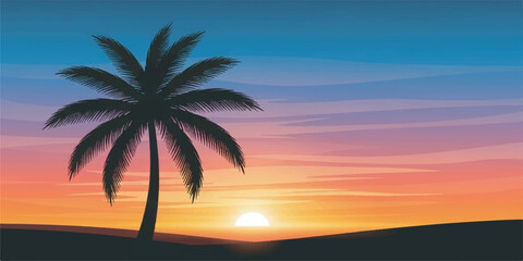 Fototapeta premium High-quality vector illustration of a tropical palm tree silhouette against a vibrant sunset sky