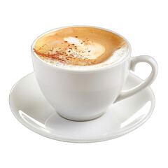 Creamy cappuccino in white cup and saucer