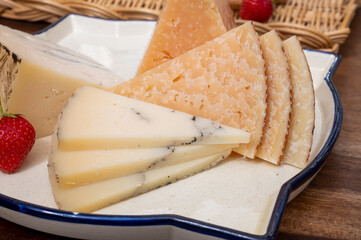 Spanish hard cheeses tasting, cow and sheep curado, manchego, goat cheese with added black truffle...