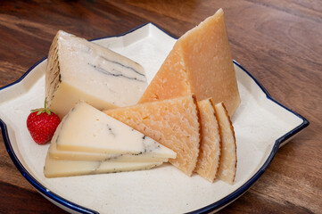 Spanish hard cheeses tasting, cow and sheep curado, manchego, goat cheese with added black truffle mushrooms and very old anejo tostado cheese