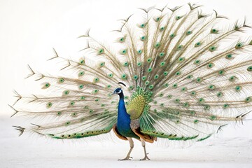Majestic peacock displaying its vibrant feathers in a serene outdoor setting