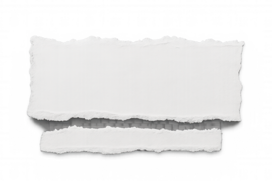 Two pieces of torn white paper with jagged edges are displayed on a transparent background, creating a versatile design element