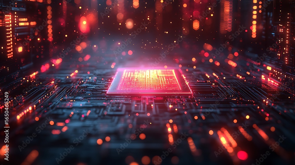 Poster glowing red processor chip on a futuristic circuit board with digital data streams and bokeh lights.
