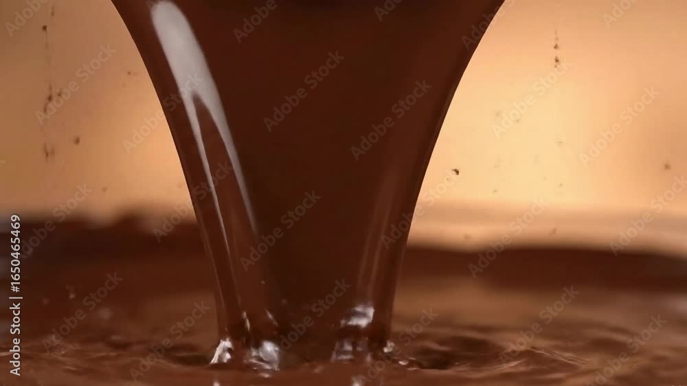 Poster brown liquid likely chocolate is pouring into a pool of itself creating ripples the background is ou