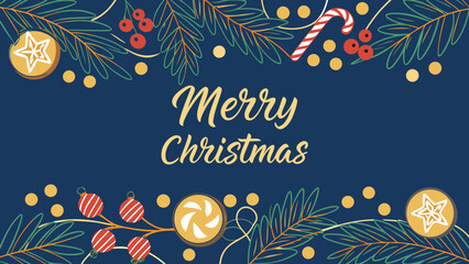 Bright Christmas and New Year design holiday frame.  Christmas decoration border with fir branches and golden glitter confetti and sparkles of lights blur bokeh on blue background. Vector 