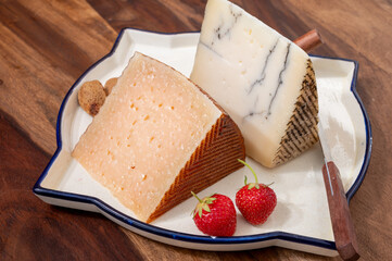 Two pieces of Spanish hard cheese, cow and sheep curado, manchego, goat cheese with added black truffle mushrooms and very old anejo tostado cheese