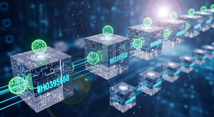 Blockchain cubes data transfer with glowing spheres