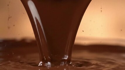 Brown liquid likely chocolate is pouring into a pool of itself creating ripples The background is out of focus - Powered by Adobe