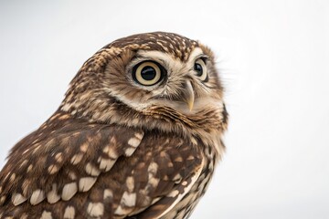 Obraz premium Close-up of a curious owl with large eyes, showcasing its intricate feather patterns against a plain background