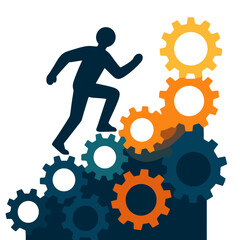 Person climbing gears representing progress and achievement in a professional environment, concept for success