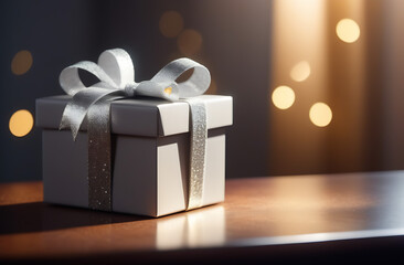 Grey gift box on blured bokeh background