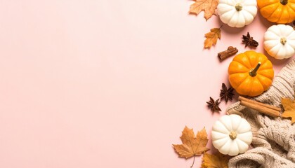 Fototapeta premium Autumn decor arrangement featuring pumpkins and leaves on soft pink background seasonal theme aesthetic photography cozy vibe top view