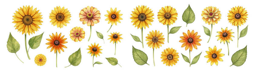 Fototapeta premium A vibrant collection of hand-drawn yellow flowers, showcasing detailed petals and leaves.