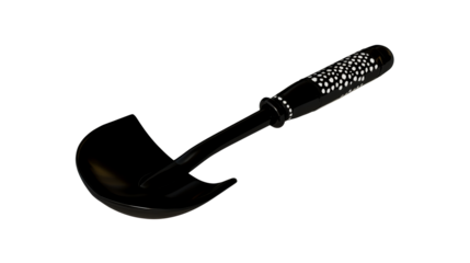 Shiny black ladle with decorative white polka dots on handle