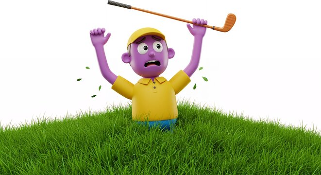 Cartoon golfer in a hilarious situation in grassy mound - Powered by Adobe
