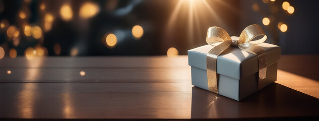 Grey gift box on blured bokeh background