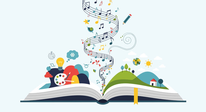 Flat illustration of an open book with musical notes floating out, imagination and creativity theme