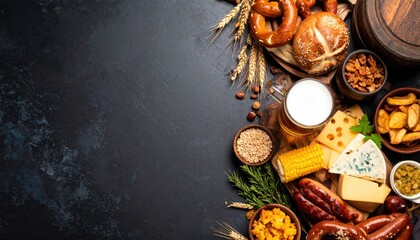 Savoring delicious german cuisine traditional food spread with beer and pretzels rustic setting gourmet platter top-down perspective