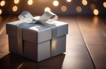 Grey gift box on blured bokeh background