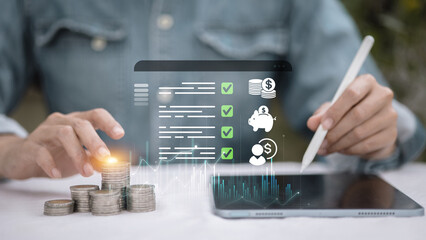 Financial planning checklist with money stacks and digital analysis