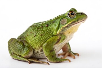Fototapeta premium Green frog sitting on a white background, showcasing its vibrant color and texture