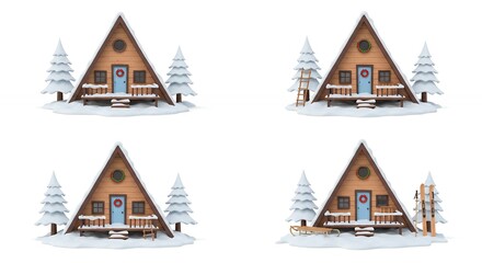 Four illustration of a frame cabin in winter scene