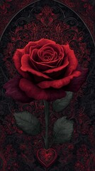 A vivid red rose against a deep black background, accented with elegant floral designs that add a touch of romance and sophistication.Romantic Elegance: Red Rose on Black with Floral Accents. Red Rose