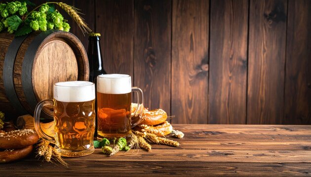 Celebrating oktoberfest with craft beer and pretzels rustic brewery setting food and drink photography warm wooden environment close-up view festive concept