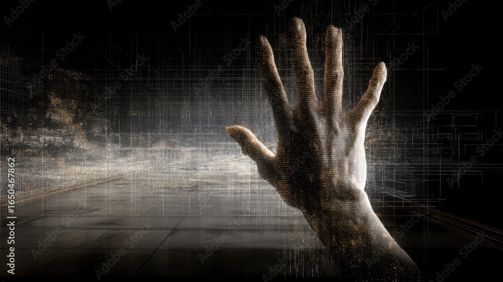 Aufkleber hand reaching out in a digital world with abstract patterns and glowing elements