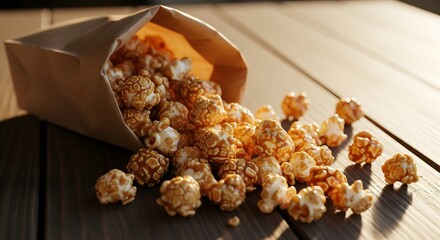 Caramel popcorn spilling casually from a paper bag, creating a rustic snack moment.