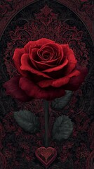 A vivid red rose against a deep black background, accented with elegant floral designs that add a touch of romance and sophistication.Romantic Elegance: Red Rose on Black with Floral Accents. Red Rose