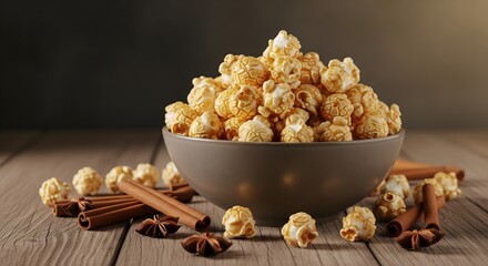 Caramel popcorn paired with cinnamon and spices, perfect for a cozy holiday evening.