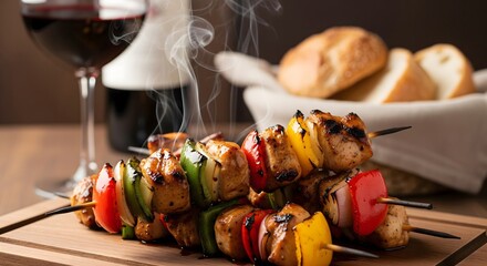 Freshly grilled chicken skewers served on a dinner table with wine and bread.