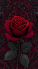 A vivid red rose against a deep black background, accented with elegant floral designs that add a touch of romance and sophistication.Romantic Elegance: Red Rose on Black with Floral Accents. Red Rose