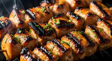 A close-up view highlighting the golden caramelized texture of grilled chicken skewers.