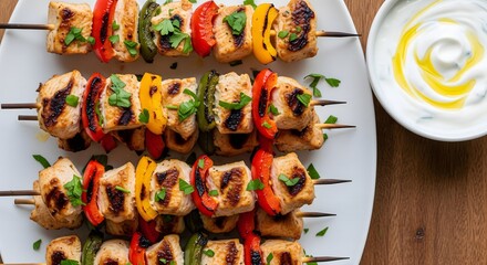 Freshly grilled chicken skewers paired with a refreshing yogurt dip.