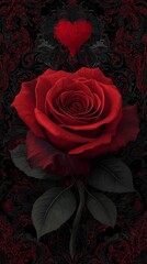A vivid red rose against a deep black background, accented with elegant floral designs that add a touch of romance and sophistication.Romantic Elegance: Red Rose on Black with Floral Accents. Red Rose