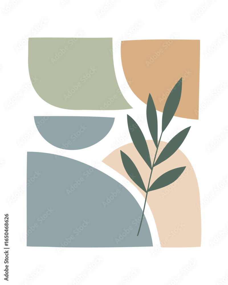 Aufkleber modern abstract art composition. earthy color palette with geometric shapes and botanical leaf eleme