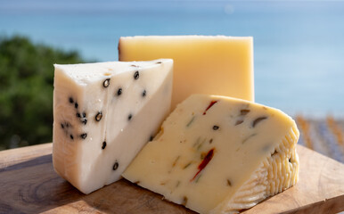 Italian provolone cheese made with fresh rocket salad, black pepper, olives, wine, Sicilian cheese, Palermo food and sea view on Mondello beach nea Palermo, Sicily