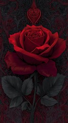 A vivid red rose against a deep black background, accented with elegant floral designs that add a touch of romance and sophistication.Romantic Elegance: Red Rose on Black with Floral Accents. Red Rose
